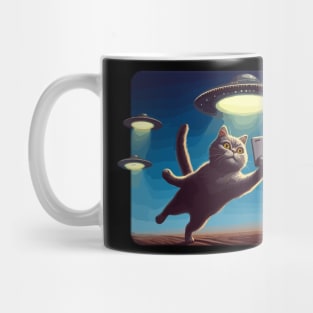 Cute Black Cat Making Selfie With UFOs Behind Mug